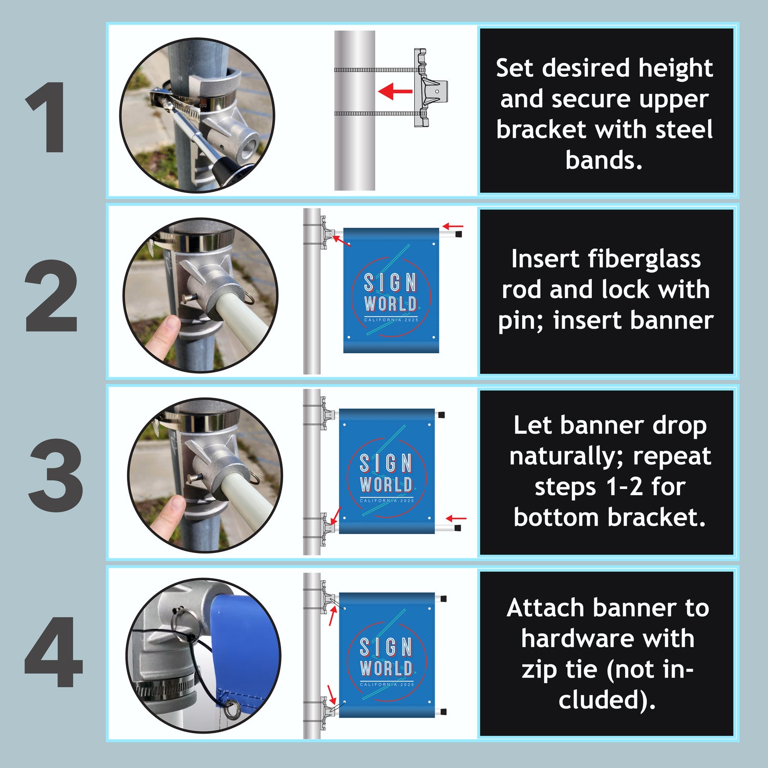 Street Pole Banner Brackets 18" Double Set with (2) 18" x 36" Vinyl Banners
