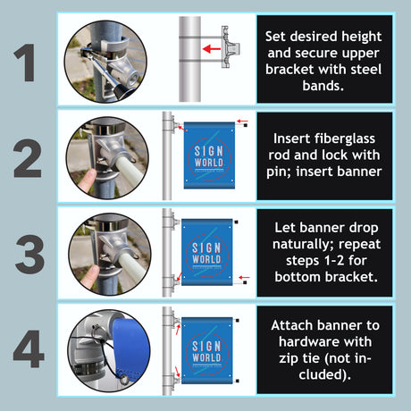 Street Pole Banner Brackets 36" Double Set with (2) 36" x 48" Vinyl Banners